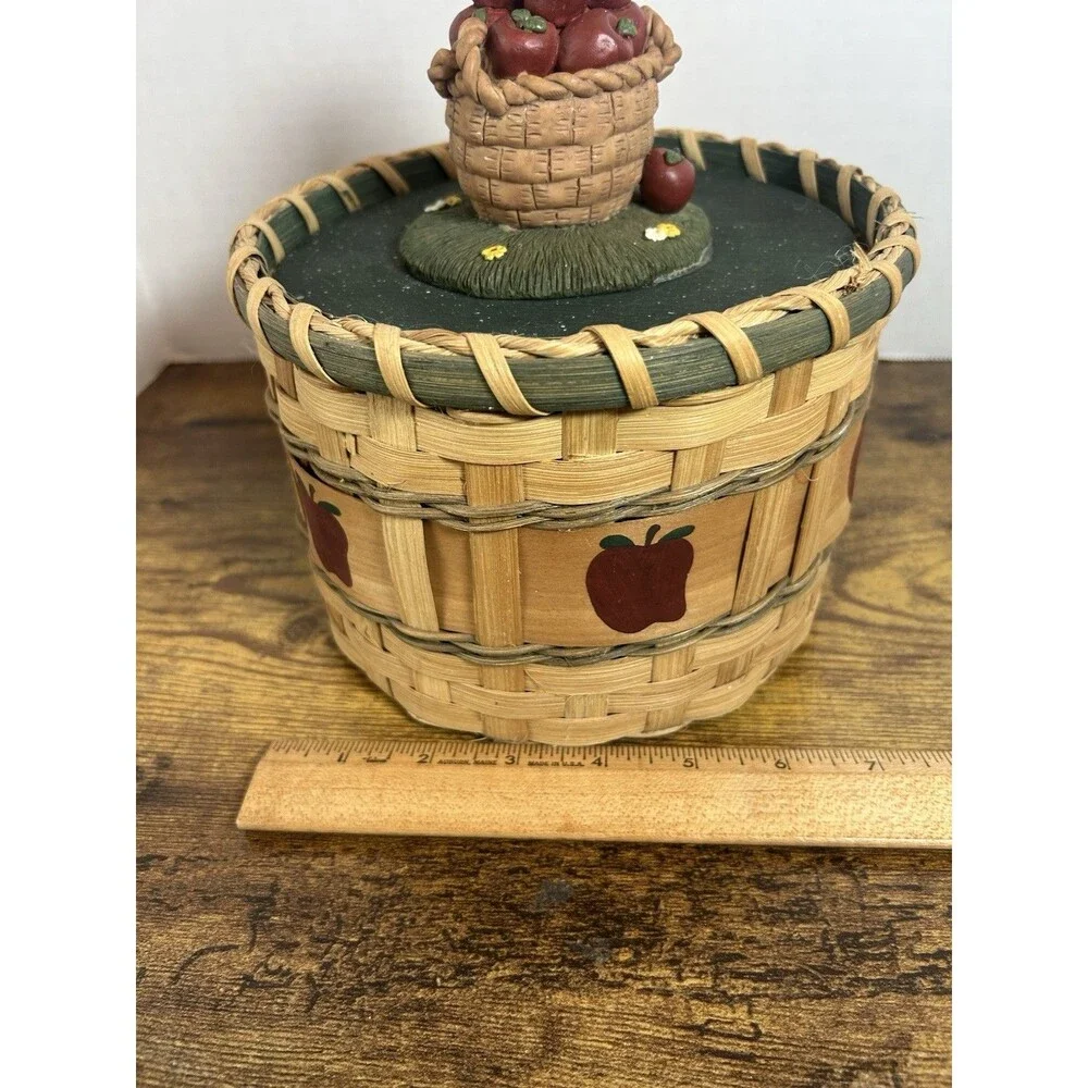 Vintage Apple Basket Cookie Jar Canister Woven Wood Country Cottage Decor Box